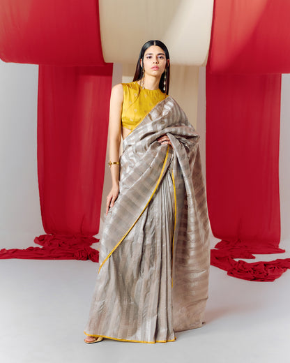 Handwoven Grey Striped Silk Saree