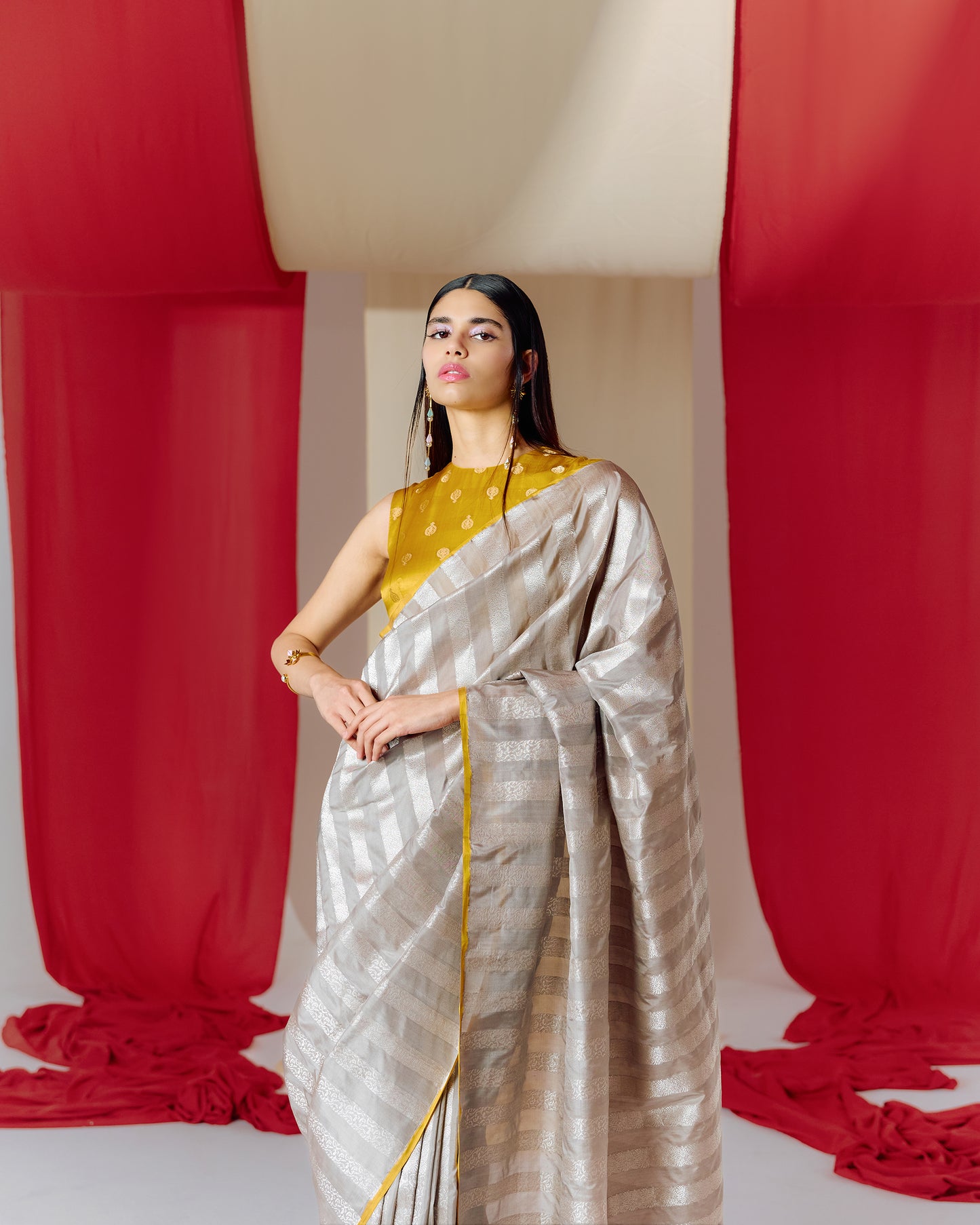 Handwoven Grey Striped Silk Saree
