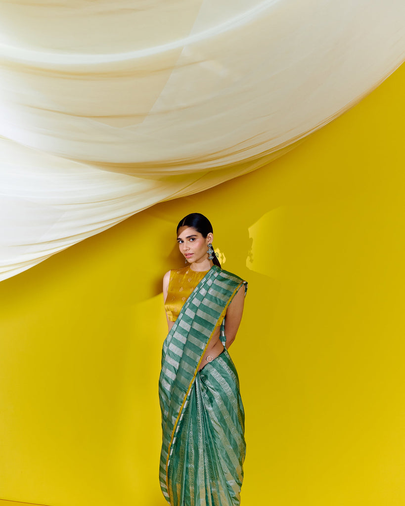 Handwoven Green Striped Silk Saree