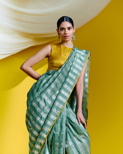 Handwoven Green Striped Silk Saree