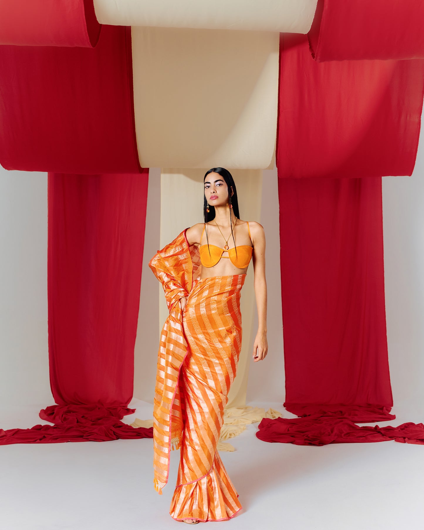 Handwoven Orange Striped Silk Saree