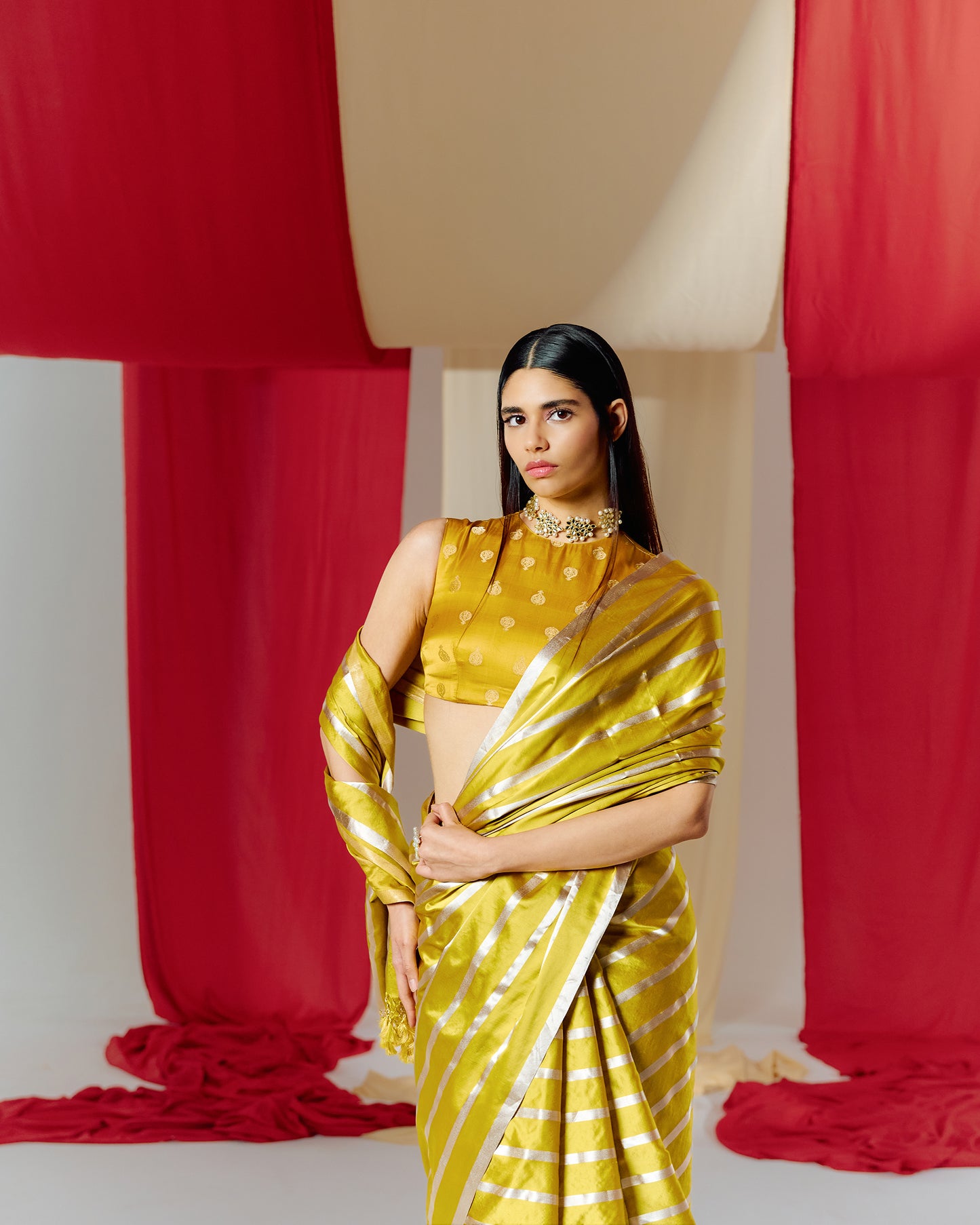Handwoven Yellow Striped Satin Silk Saree