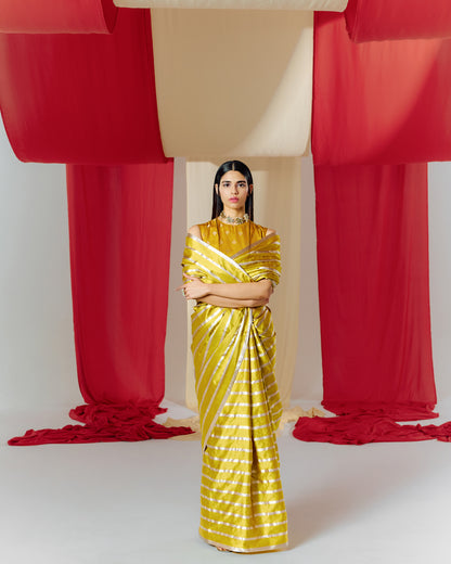 Handwoven Yellow Striped Satin Silk Saree