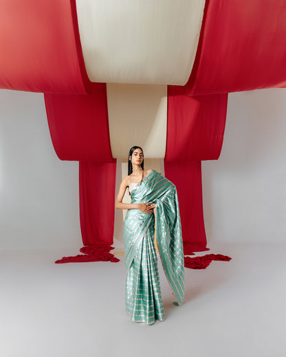 Handwoven Green Striped Satin Silk Saree