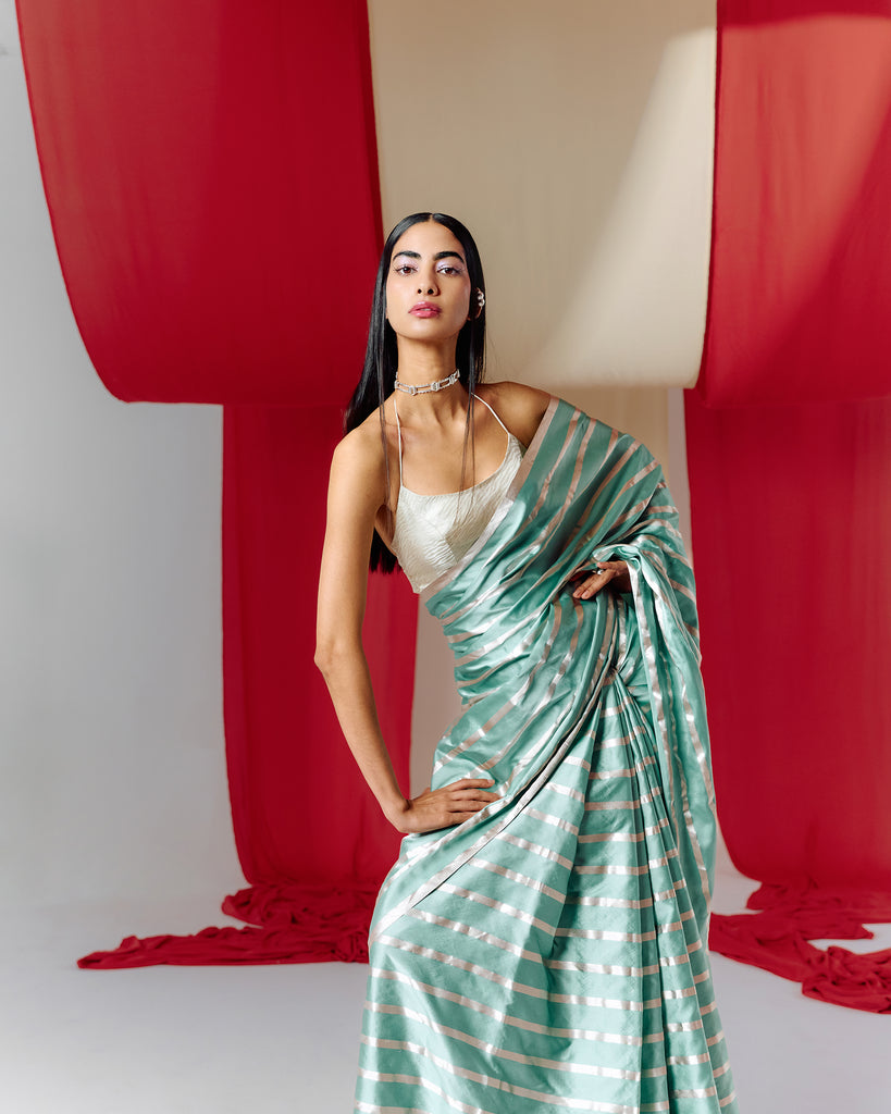 Handwoven Green Striped Satin Silk Saree