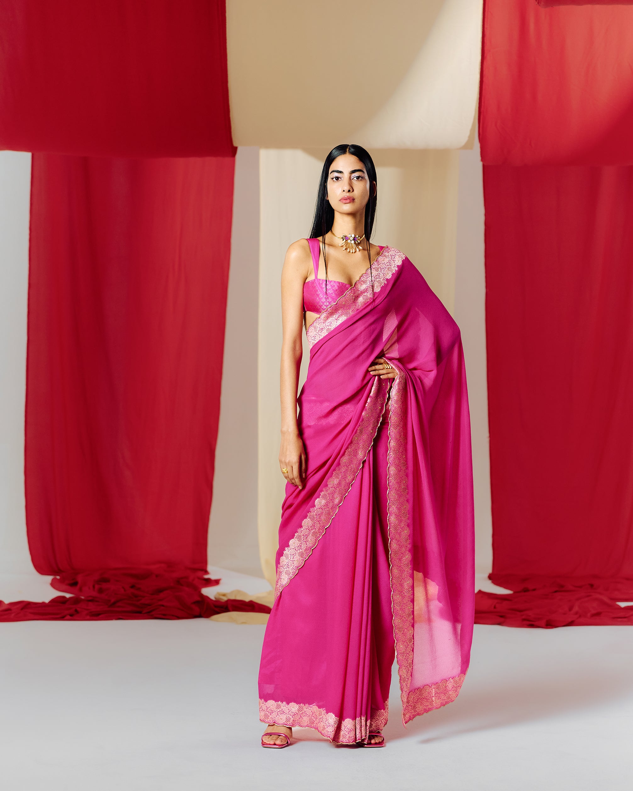 Rani Pink Meenakari Jaal Georgette Saree – Ratanshi Kheraj Sarees