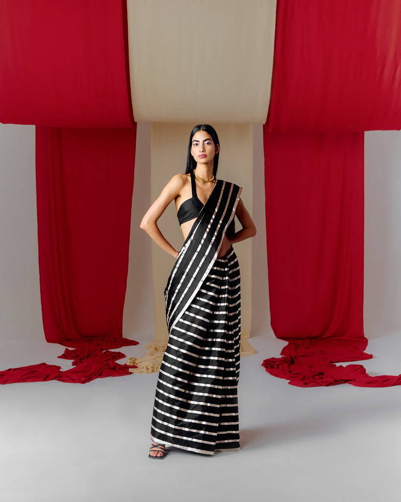 Handwoven Black Striped Satin Silk Saree
