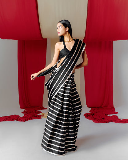 Handwoven Black Striped Satin Silk Saree