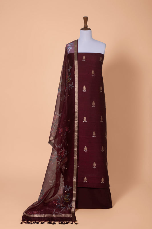 Handwoven Maroon Tussar Silk Suit Piece