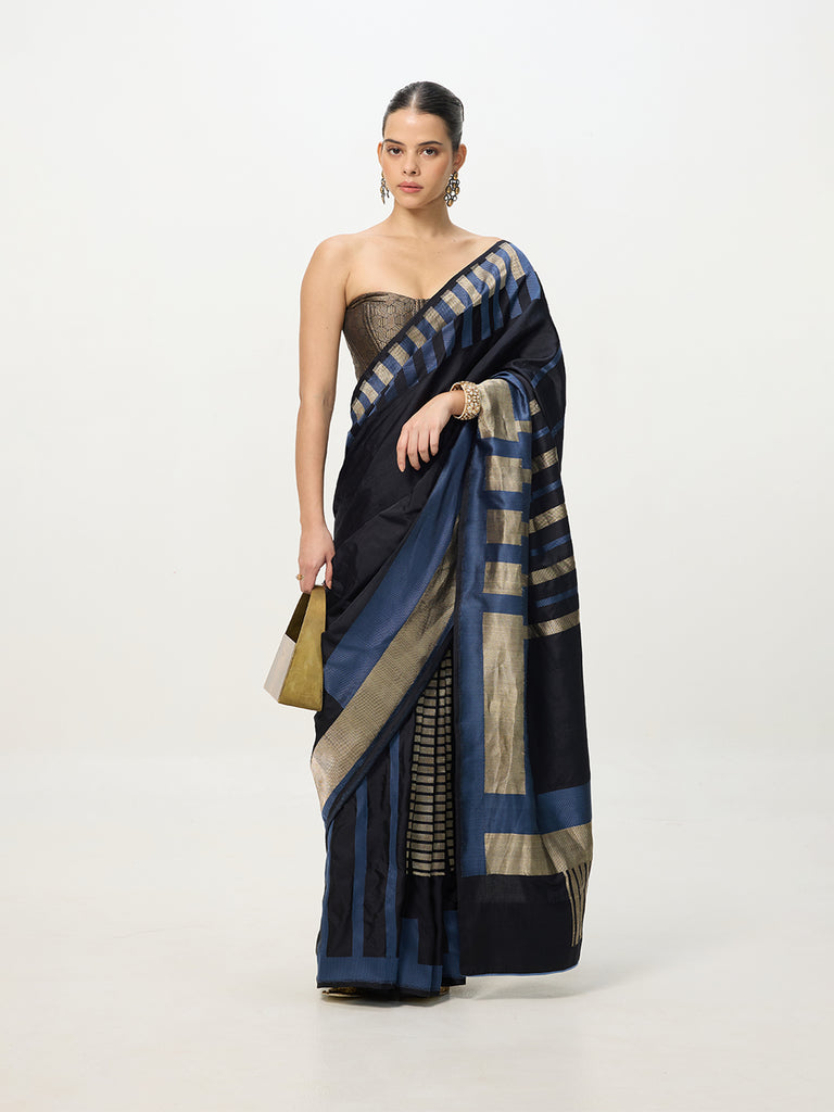 Handwoven Blue & Black Kadhwa Banarasi Saree