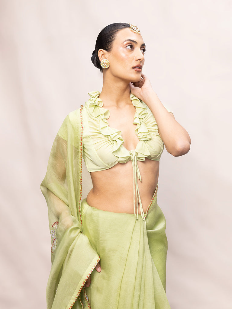 Handwoven Pistachio Green Kora Banarasi Saree