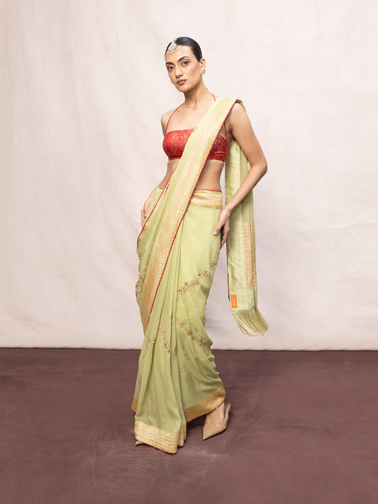 Handwoven Pistachio Green Chiffon Banarasi Saree