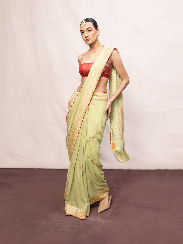 Handwoven Pistachio Green Chiffon Banarasi Saree