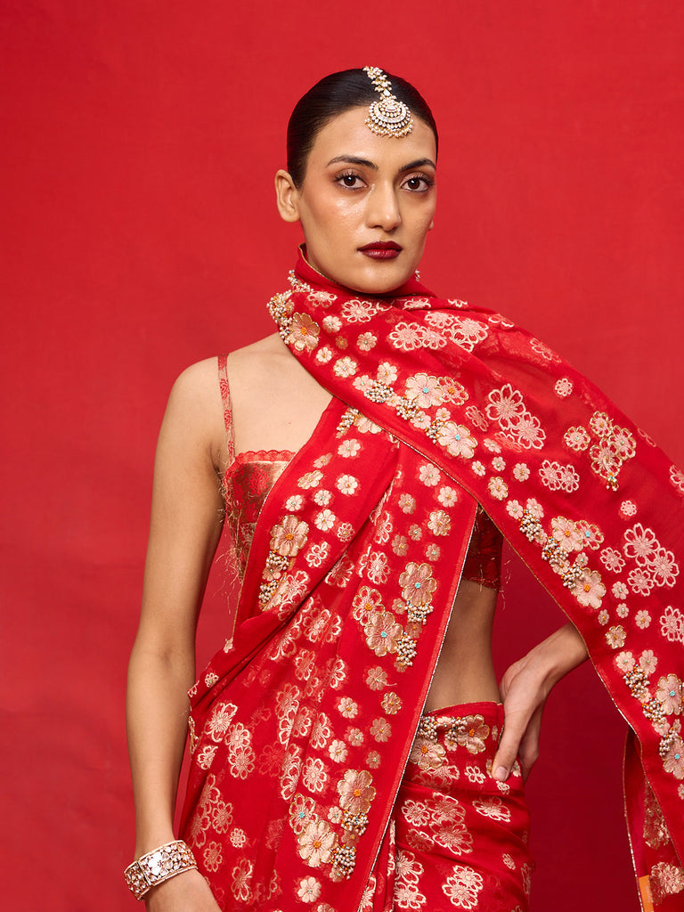 Handwoven Red Chiffon Banarasi Saree