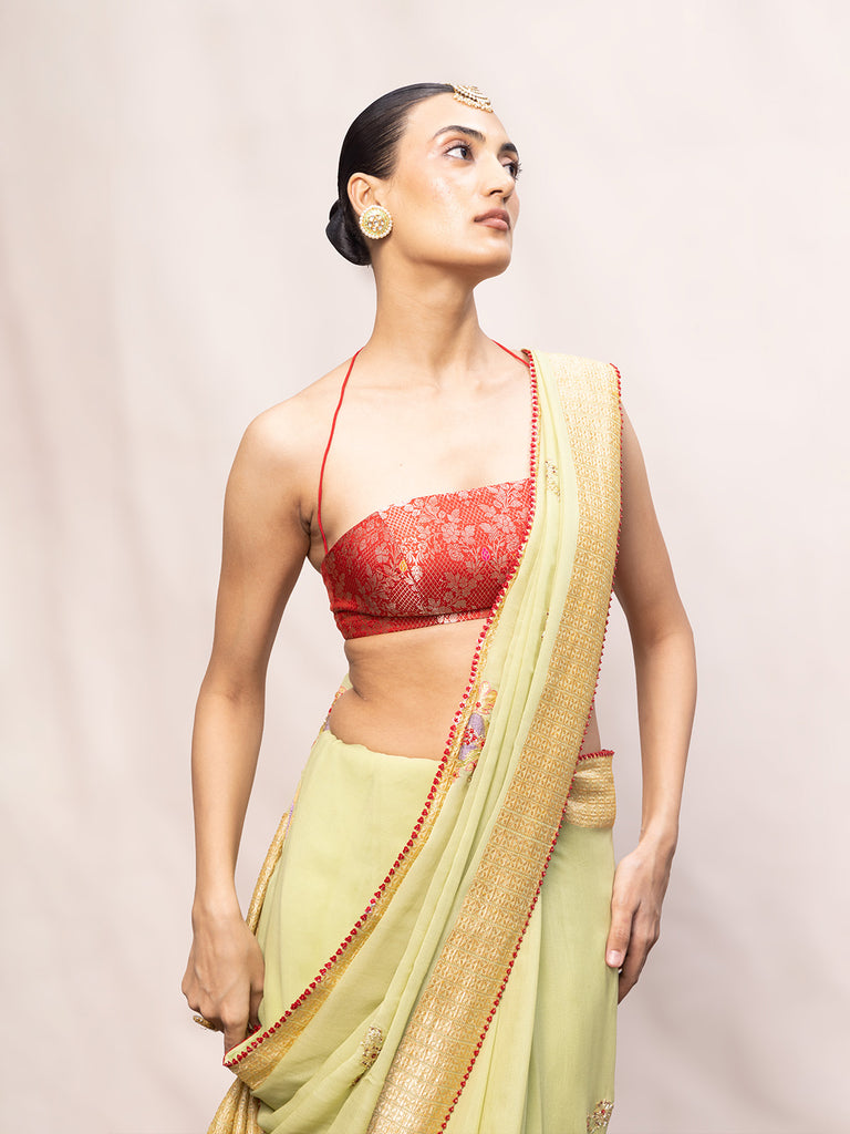 Handwoven Pistachio Green Chiffon Banarasi Saree