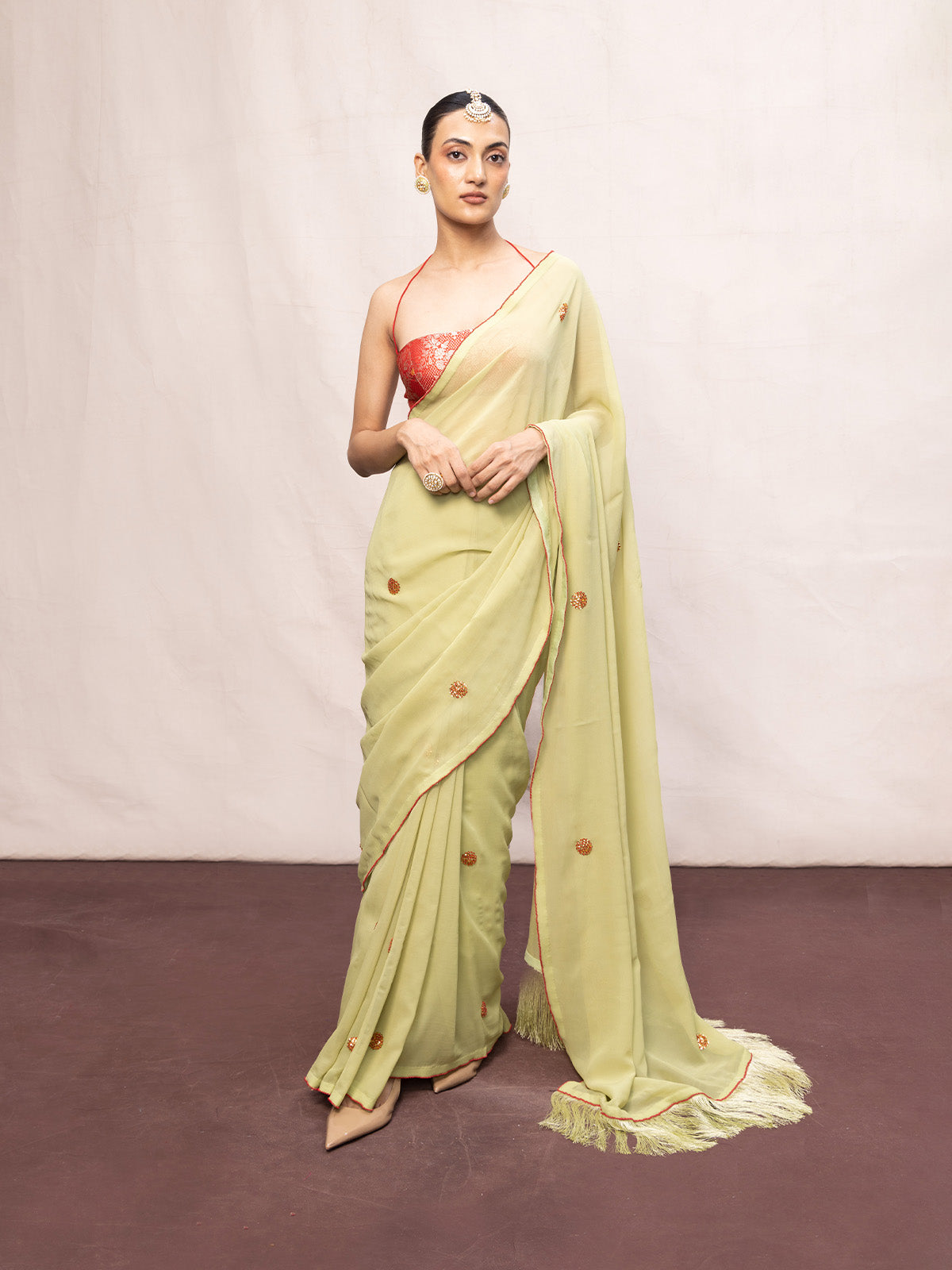 Handwoven Pistachio Green Georgette Embroidered Saree