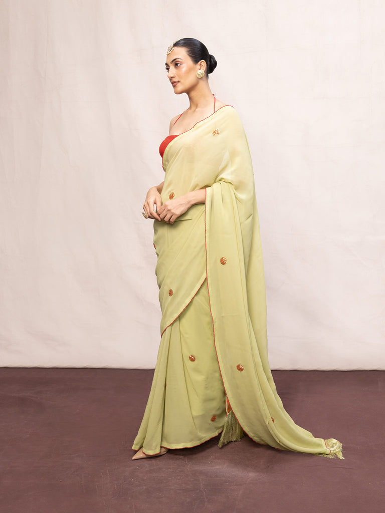 Handwoven Pistachio Green Georgette Embroidered Saree