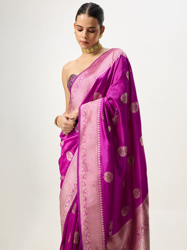 Handwoven Magenta Cutwork Banarasi Saree