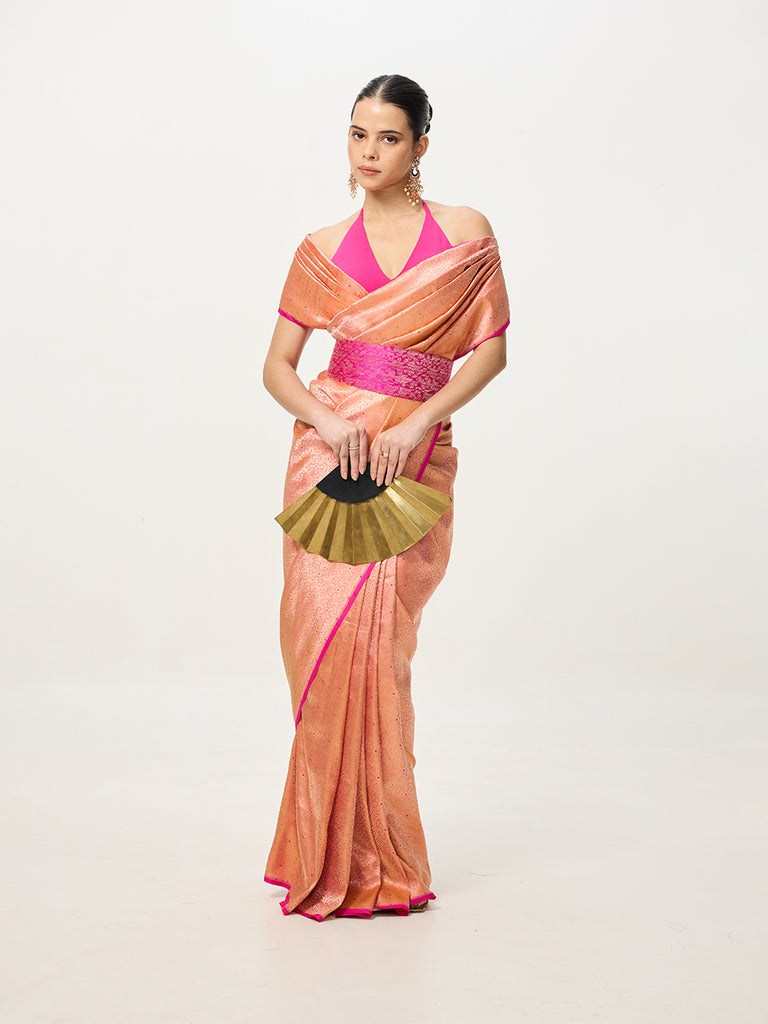 Handwoven Rose-Gold Cutwork Banarasi Saree