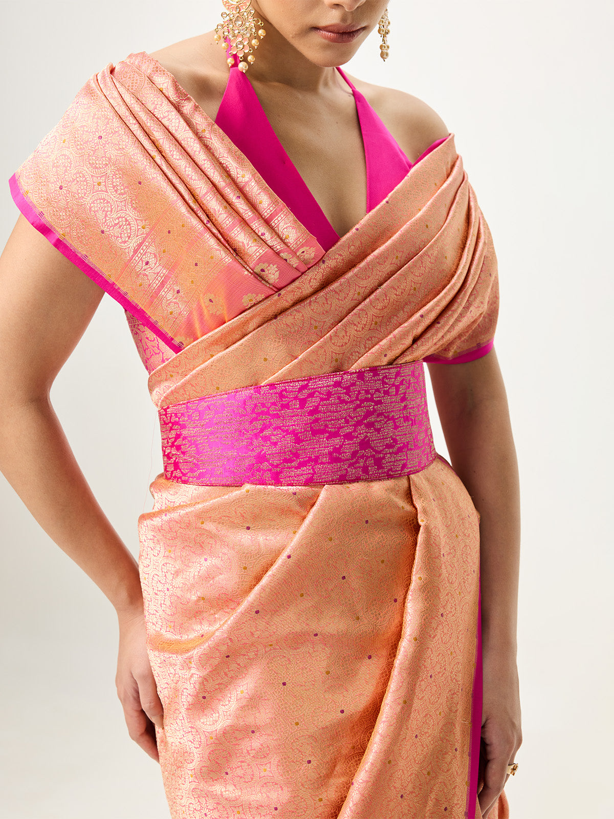 Handwoven Rose-Gold Cutwork Banarasi Saree