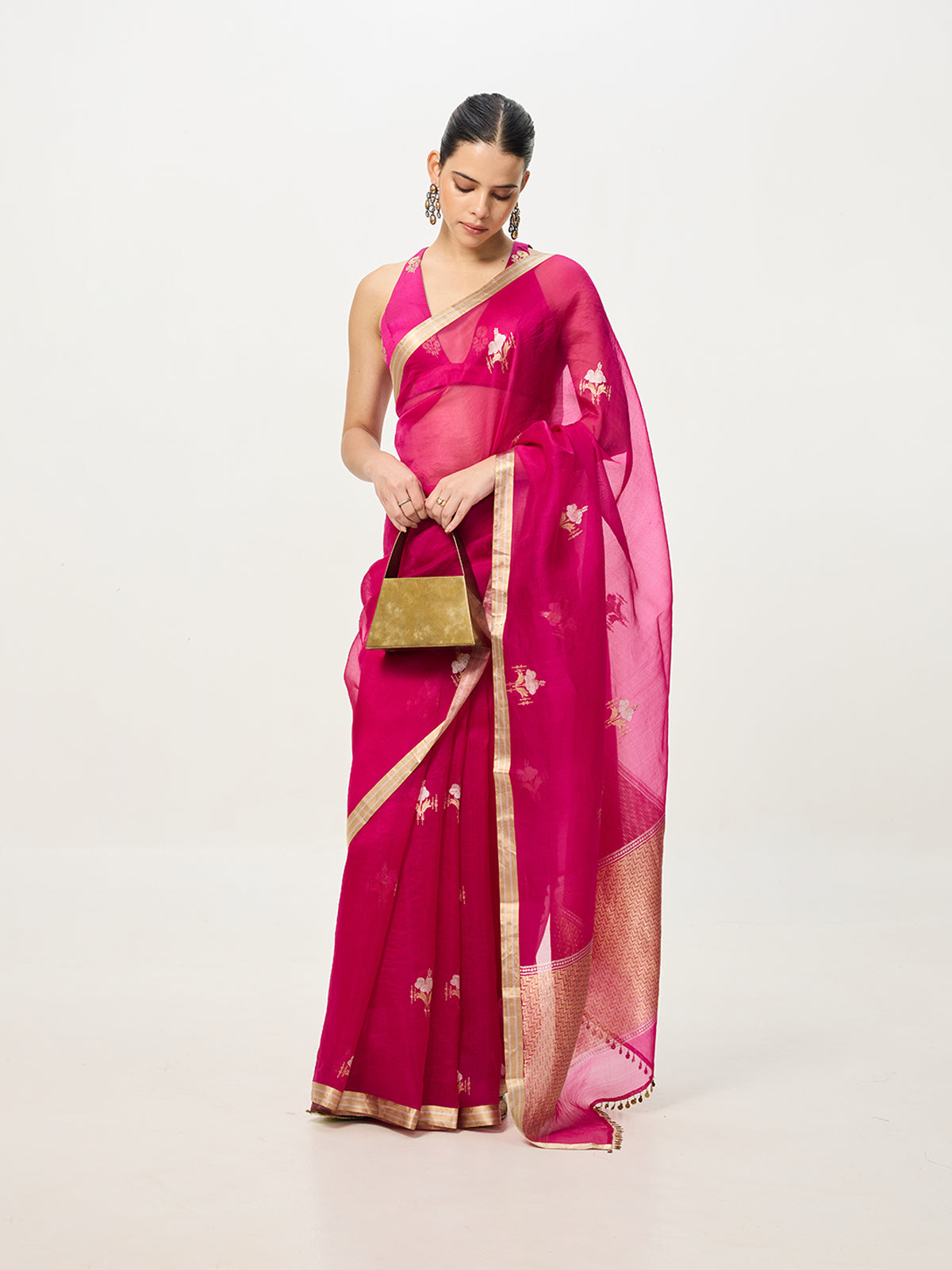 Handwoven Fuchsia Cutwork Banarasi Saree