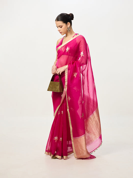 Handwoven Fuchsia Cutwork Banarasi Saree