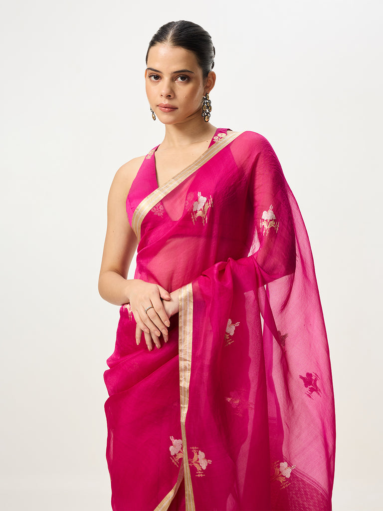 Handwoven Fuchsia Cutwork Banarasi Saree