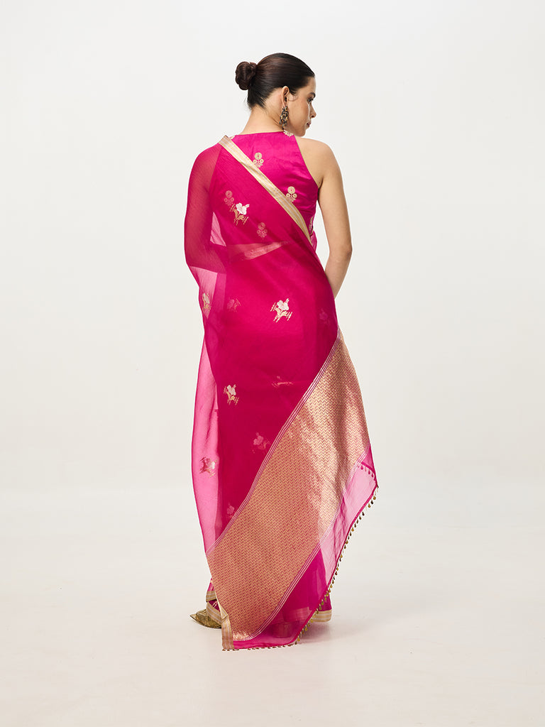 Handwoven Fuchsia Cutwork Banarasi Saree