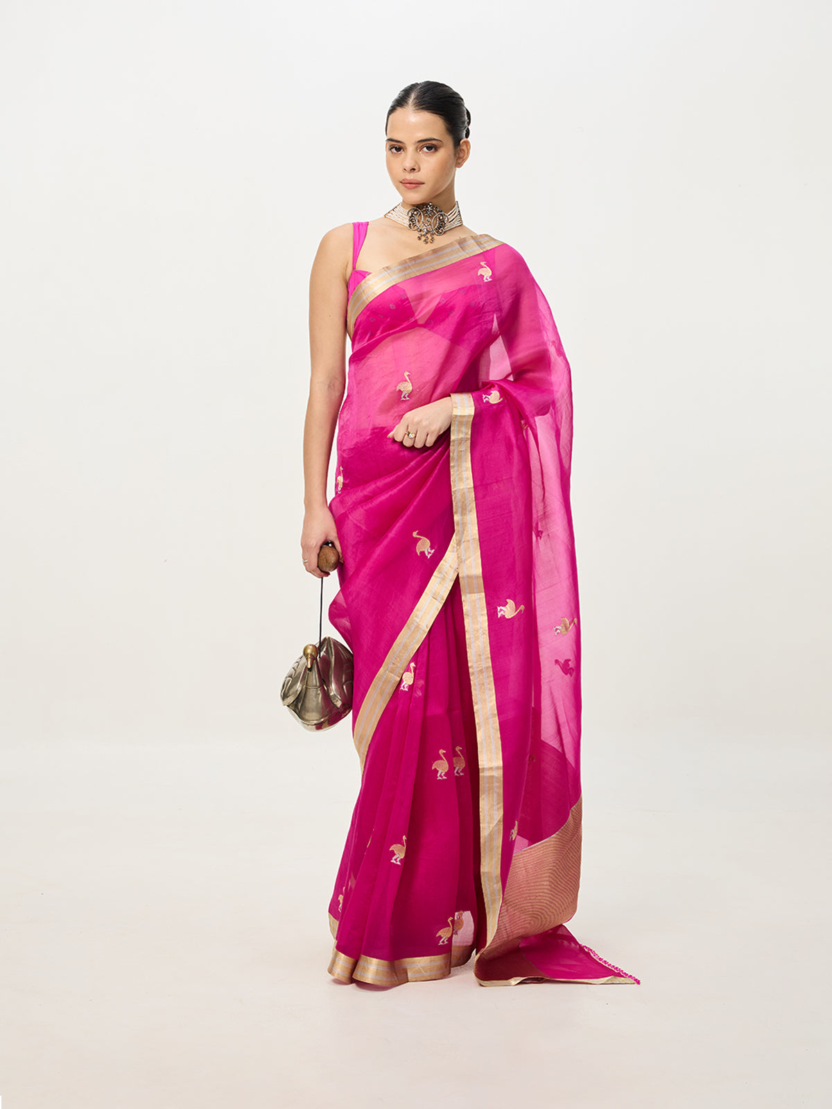 Handwoven Hot Pink Cutwork Banarasi Saree