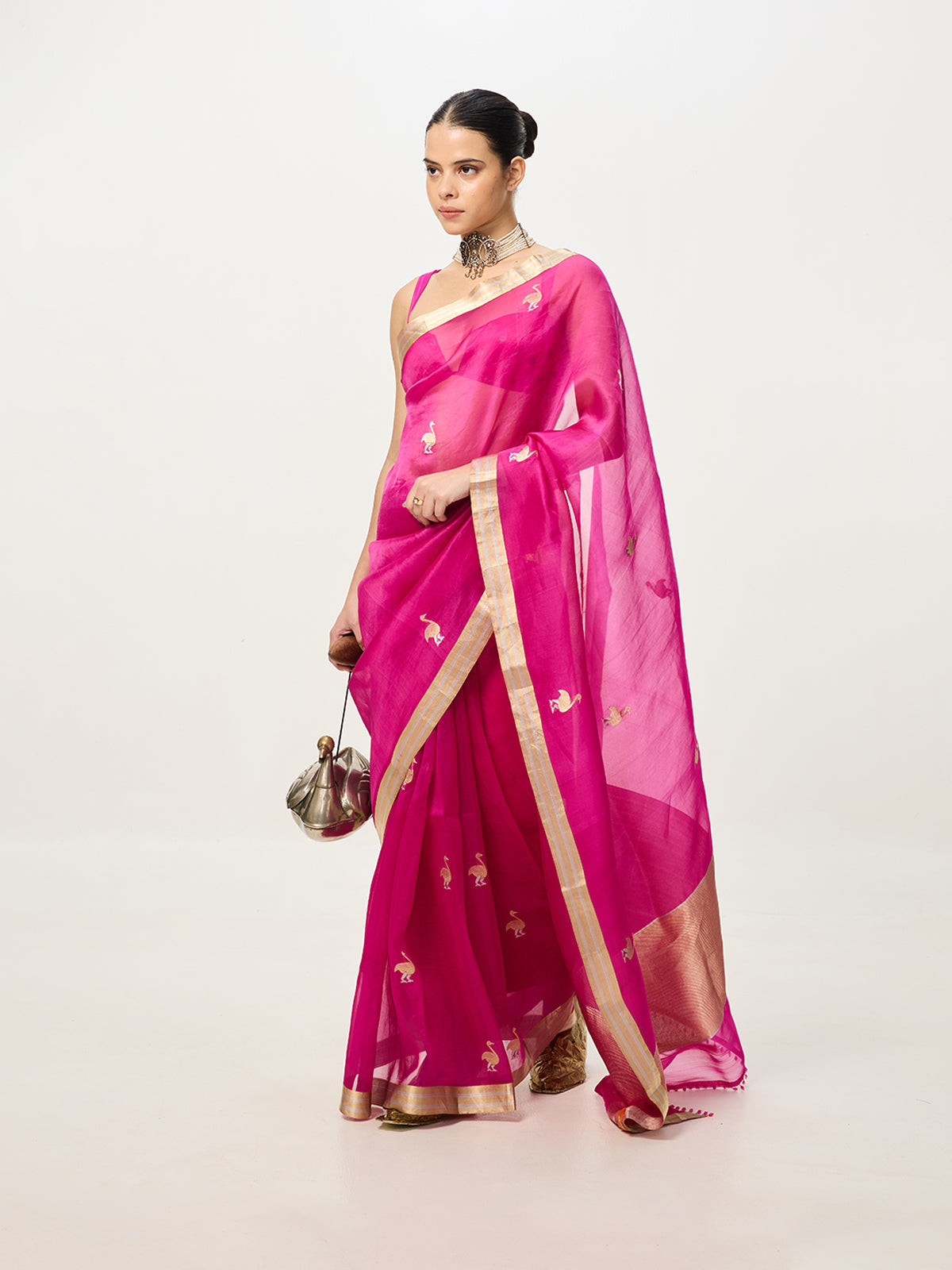Handwoven Hot Pink Cutwork Banarasi Saree
