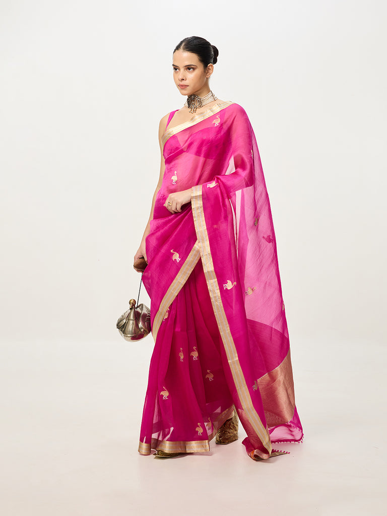 Handwoven Hot Pink Cutwork Banarasi Saree