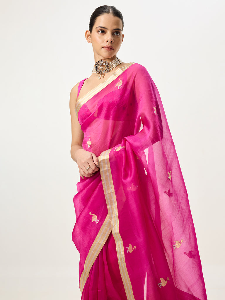 Handwoven Hot Pink Cutwork Banarasi Saree