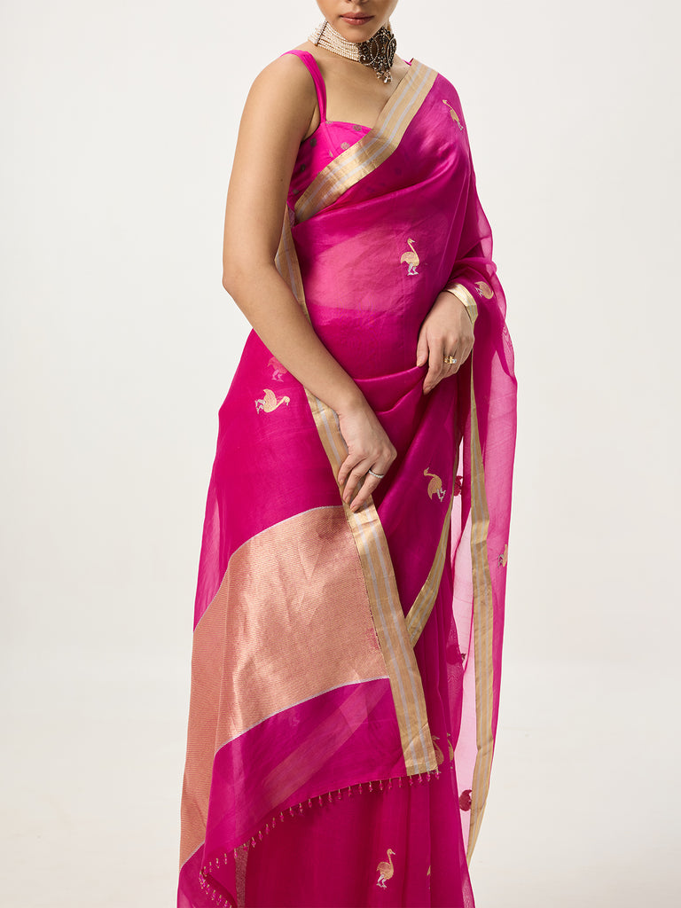 Handwoven Hot Pink Cutwork Banarasi Saree