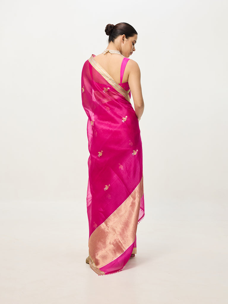 Handwoven Hot Pink Cutwork Banarasi Saree
