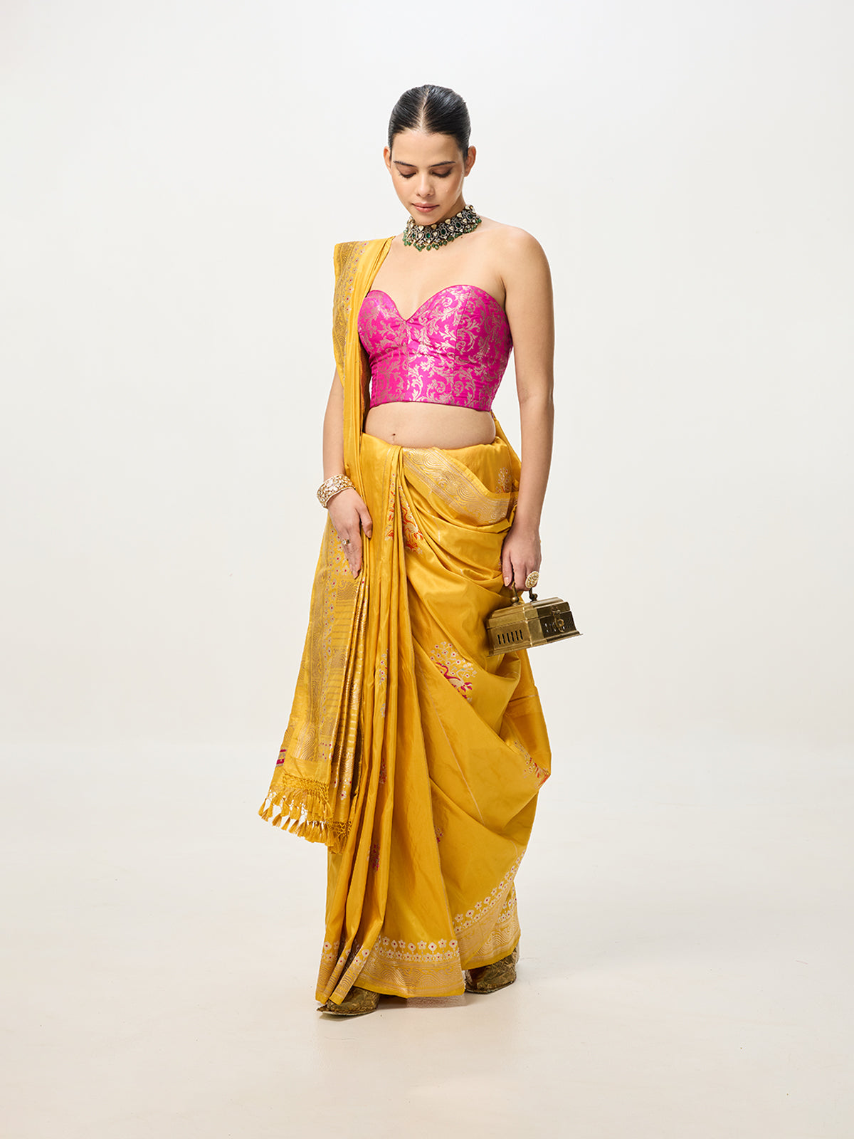 Handwoven Mustard Yellow Kadhwa Banarasi Saree