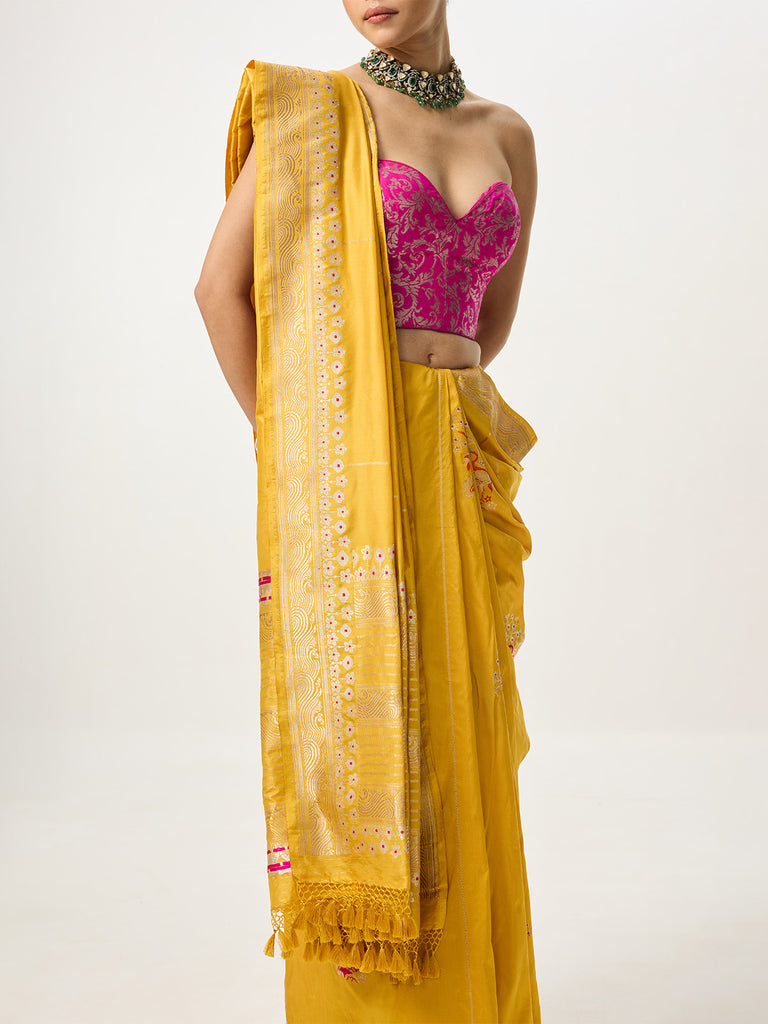Handwoven Mustard Yellow Kadhwa Banarasi Saree