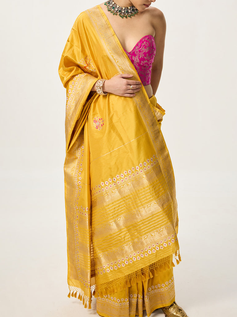 Handwoven Mustard Yellow Kadhwa Banarasi Saree