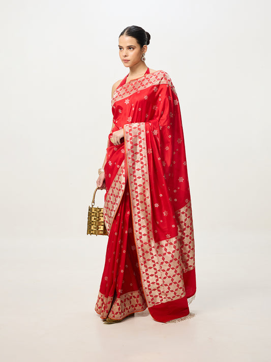 Handwoven Scarlet Red Cutwork Banarasi Saree