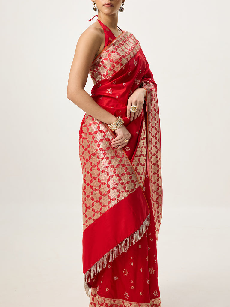 Handwoven Scarlet Red Cutwork Banarasi Saree