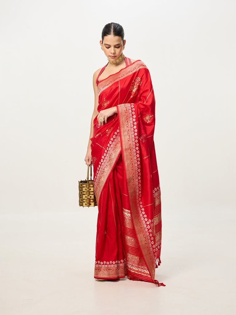 Handwoven Deep Red Kadhwa Banarasi Saree