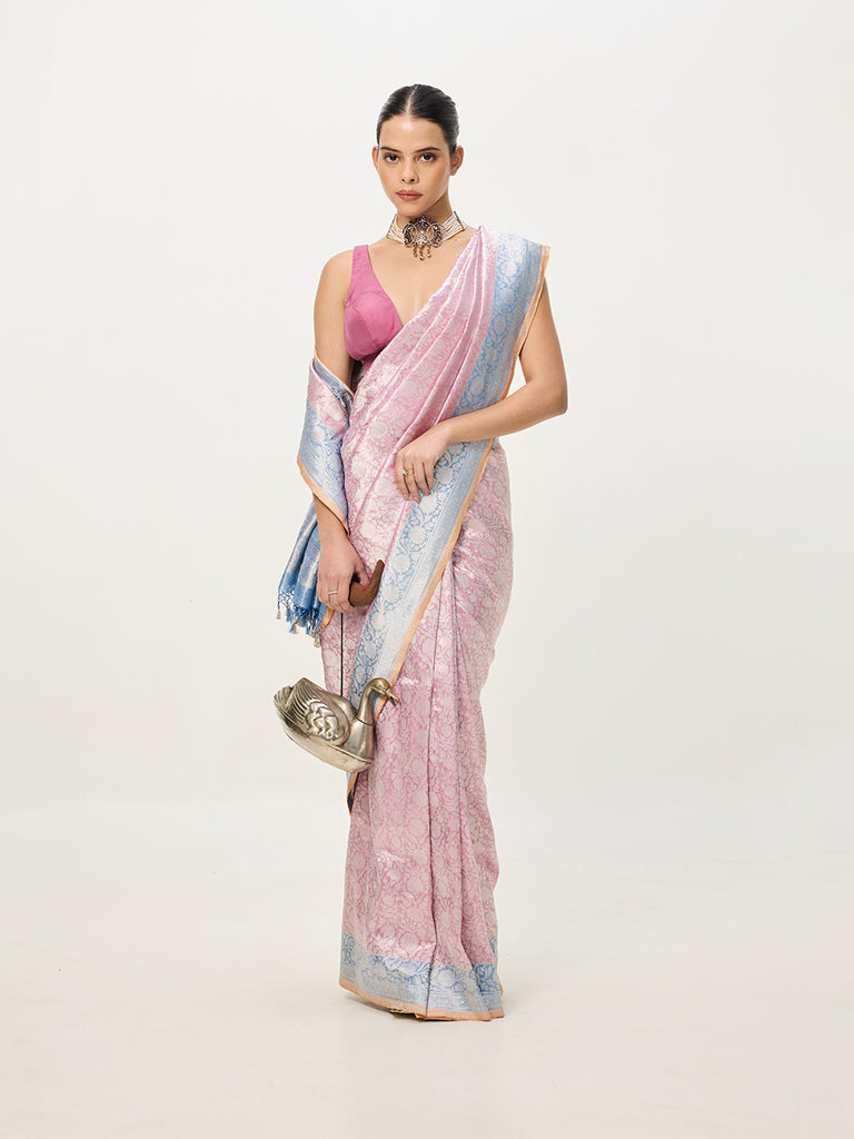 Handwoven Peach & Grey Banarasi Emboss Saree