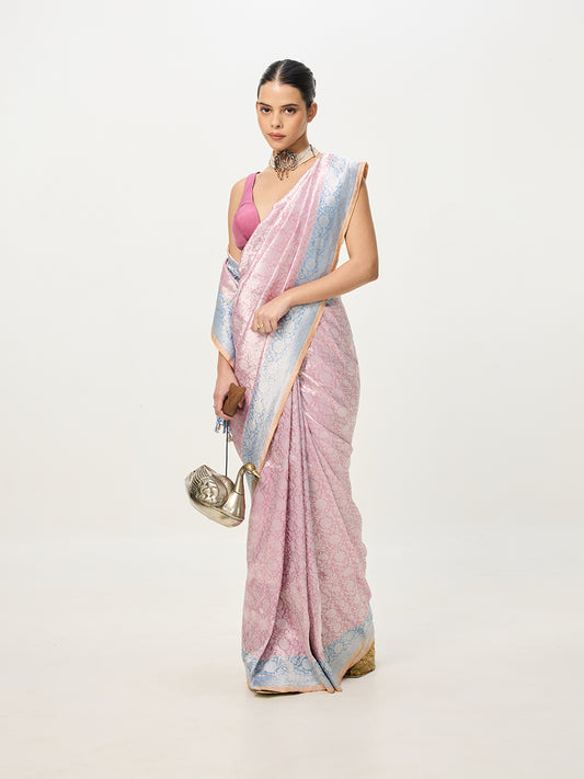 Handwoven Peach & Grey Banarasi Emboss Saree