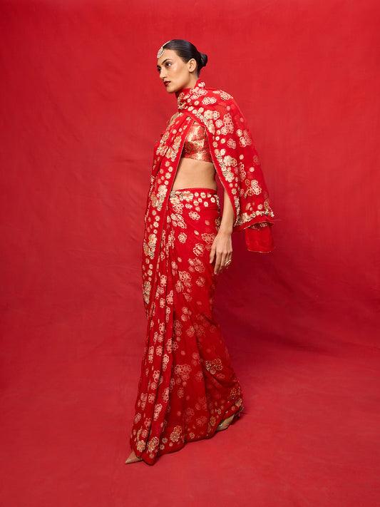Handwoven Red Chiffon Banarasi Saree