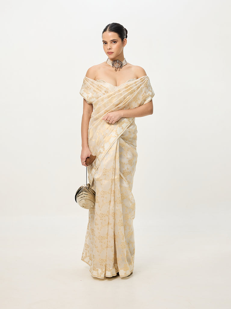 Handwoven White Cutwork Banarasi Saree
