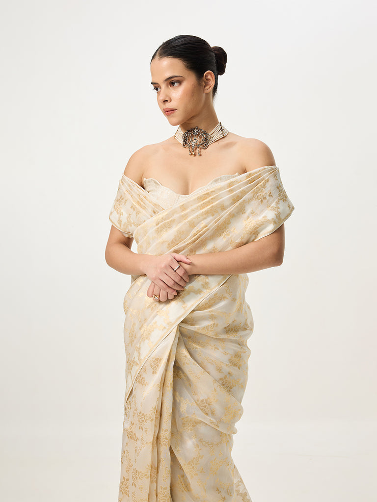 Handwoven White Cutwork Banarasi Saree