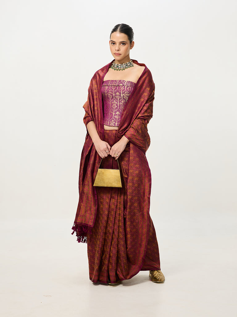 Handwoven Deep Rust Banarasi Emboss Saree