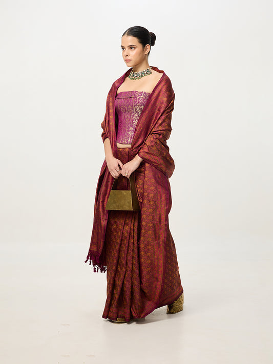 Handwoven Deep Rust Banarasi Emboss Saree