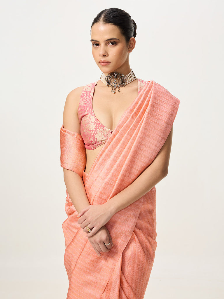 Handwoven Peach Cutwork Banarasi Saree