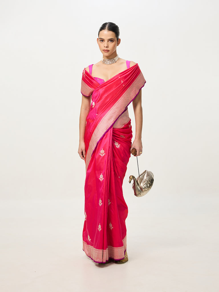 Handwoven Deep Pink Cutwork Banarasi Saree