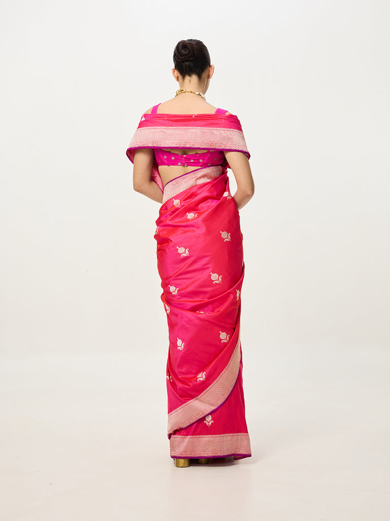 Handwoven Deep Pink Cutwork Banarasi Saree